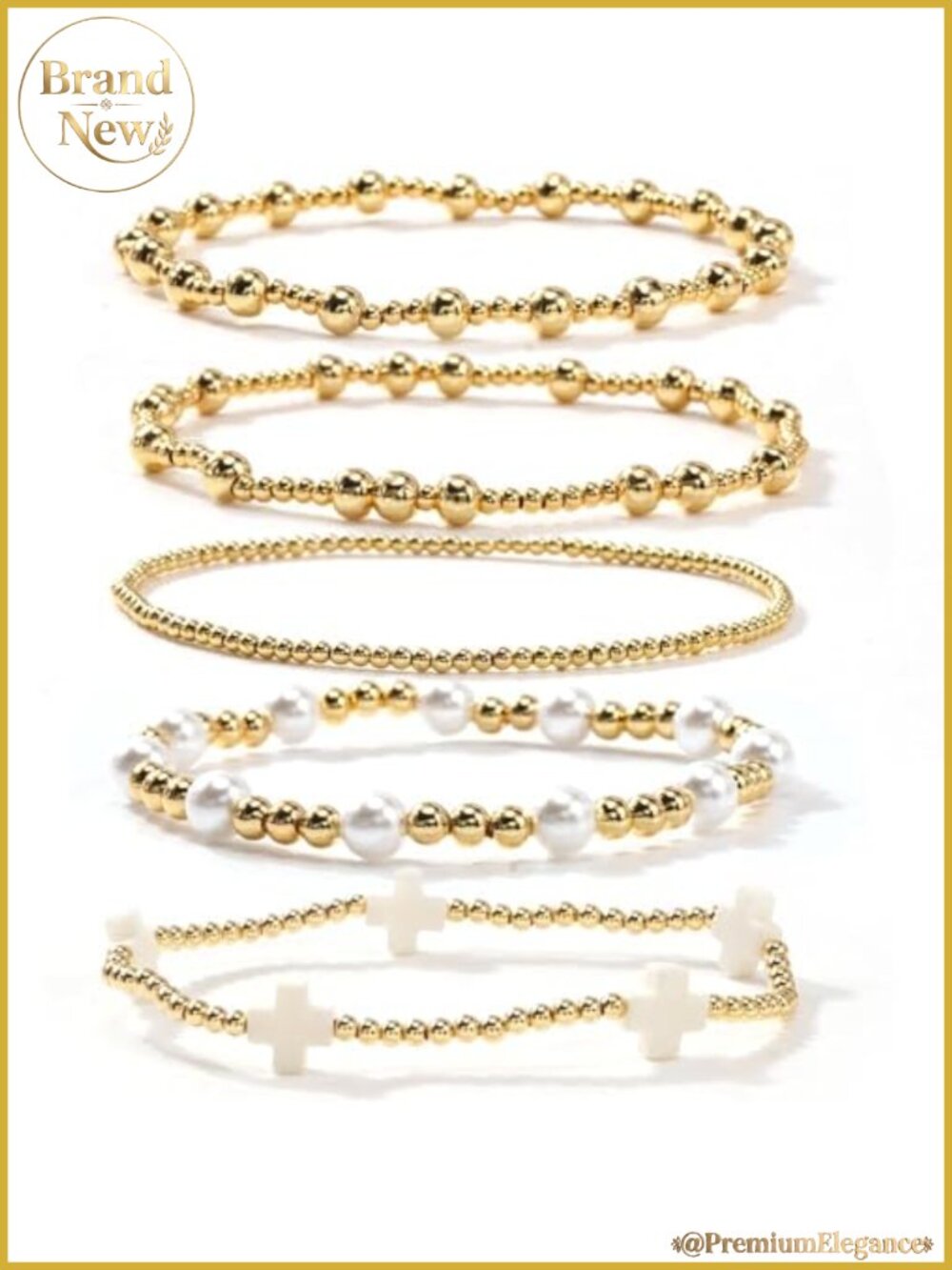 Handmade Gold Plated Beaded Pearl Stretch Bracelet Stack Boho Jewelry Set Gift